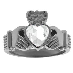 White Topaz Irish Claddagh Men's Wedding Ring In Black Rhodium Plated White Gold