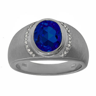Men's Oval-Cut Blue Sapphire Diamond Ring In Black Rhodium Plated White Gold