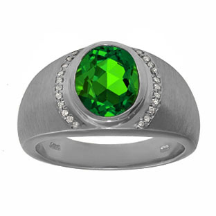 Men's Oval-Cut Emerald Diamond Ring In Black Rhodium Plated White Gold