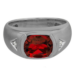 Men's Antique Cushion Cut Garnet Diamond Black Rhodium Plated White Gold Ring