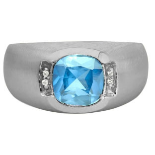 Men's Black Rhodium Plated White Gold Antique Cushion Cut Blue Topaz Diamond Rin