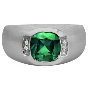 Men's Black Rhodium Plated White Gold Antique Cushion Cut Emerald Diamond Ring
