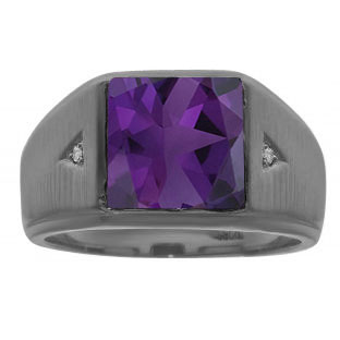 Square Amethyst Diamond Ring In Black Rhodium Plated White Gold For Men