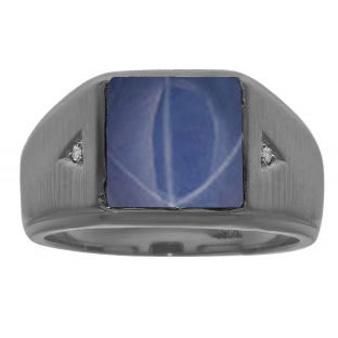 Square Blue Star Sapphire Diamond Ring In Black Rhodium Plated White Gold For Me