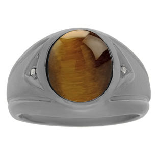 Tiger Eye Ring - Men's Diamond Tiger's Eye Black Rhodium Plated White Gold Ring