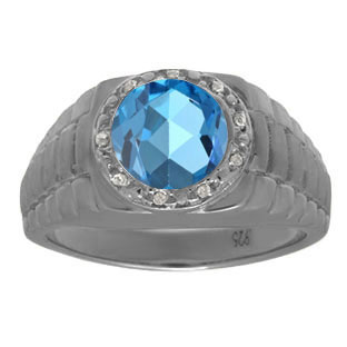 Men's Diamond and Blue Topaz Ring in Black Rhodium Plated White Gold