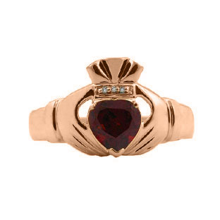 Diamond and Garnet Men's Rose Gold Claddagh Ring