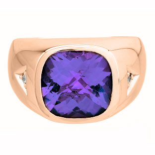 Diamond and Antique Cushion Cut Amethyst Men's Rose Gold Ring
