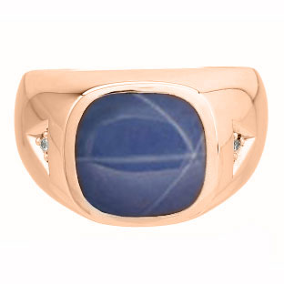 Diamond and Antique Cushion Cut Blue Star Sapphire Men's Rose Gold Ring