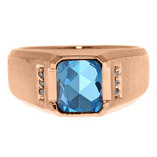 Diamond and Emerald Cut Blue Topaz Gemstone Men's Ring In Rose Gold