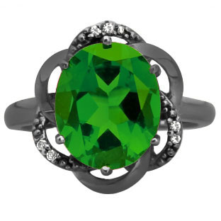 Bold Oval Cut Emerald Gemstone Diamond Black Rhodium Plated White Gold Ring