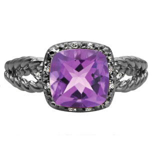 Cushion Amethyst Gemstone Black Rhodium Plated White Gold Diamond Braided Ring
