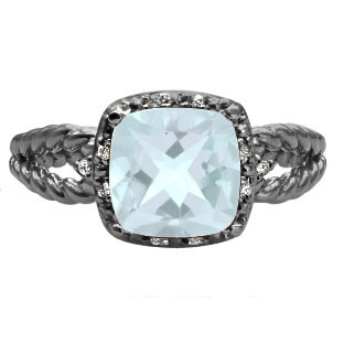 Cushion Aquamarine Gemstone Black Rhodium Plated White Gold Diamond Braided Rin