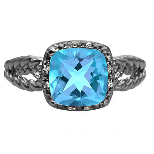 Cushion Blue Topaz Gemstone Black Rhodium Plated White Gold Diamond Braided Ring