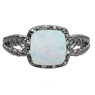 Cushion Opal Gemstone Black Rhodium Plated White Gold Diamond Braided Ring
