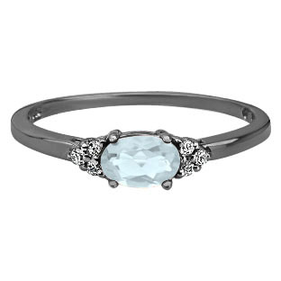 Petite Oval Cut Aquamarine Gemstone Diamond Black Rhodium Plated White Gold Rin