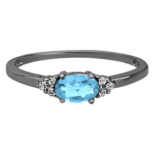 Petite Oval Cut Blue Topaz Gemstone Diamond Black Rhodium Plated White Gold Ring