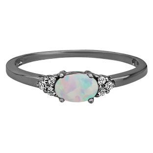 Petite Oval Cut Opal Gemstone Diamond Black Rhodium Plated White Gold Ring
