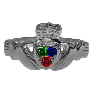 Black Rhodium Plated White Gold Irish Claddagh Personalized Birthstone Ring
