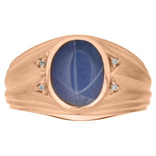 Oval Cut Blue Star Sapphire Birthstone Diamond Men's Ring In Rose Gold