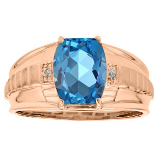 Cushion Cut Blue Topaz Gemstone Diamond Men's Ring In Rose Gold