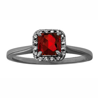 Garnet Gemstone Diamond Halo Ring In Black Rhodium Plated White Gold