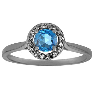 Halo Jewelry - Blue Topaz Diamond Halo Ring In Black Rhodium Plated White Gold