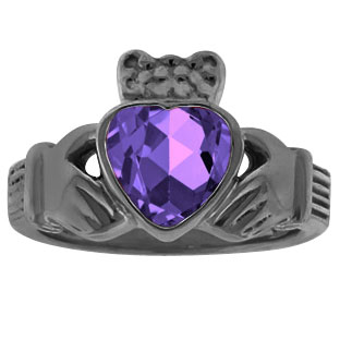 Amethyst Heart Irish Claddagh Wedding Ring In Black Rhodium Plated White Gold