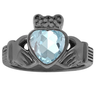 Aquamarine Heart Irish Claddagh Wedding Ring In Black Rhodium Plated White Gold