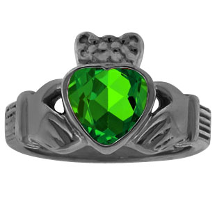 Emerald Heart Irish Claddagh Wedding Ring In Black Rhodium Plated White Gold