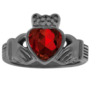 Garnet Heart Irish Claddagh Wedding Ring In Black Rhodium Plated White Gold