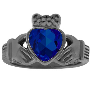Blue Sapphire Heart Irish Claddagh Wedding Ring In Black Rhodium Plated White Go