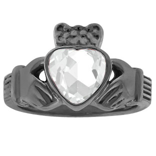 White Topaz Heart Irish Claddagh Wedding Ring In Black Rhodium Plated White Gold
