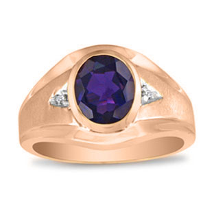 Men's Oval Amethyst Diamond Dual Finish Rose Gold Ring