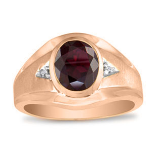 Men's Oval Garnet Diamond Dual Finish Rose Gold Ring