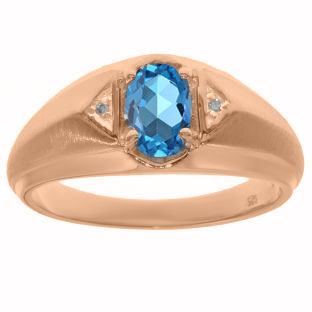 Blue Topaz & Diamond Men's Rose Gold Oval Ring