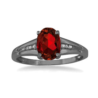 Black Rhodium Plated White Gold Oval Cut Natural Garnet Diamond Ring