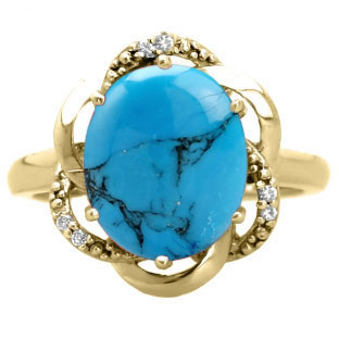 Bold Oval Cut Turquoise Gemstone Diamond Yellow Gold Ring