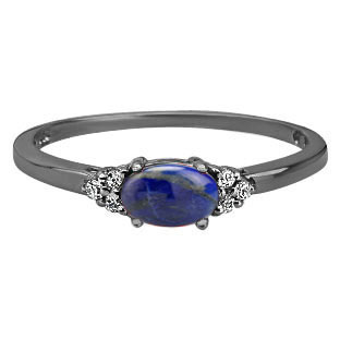 Petite Oval Cut Blue Lapis Gemstone Diamond Black Rhodium Plated White Gold Ring