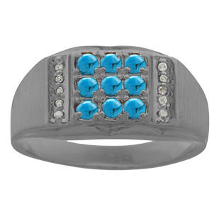 Men's Diamond and Black Rhodium Plated White Gold Turquoise Stone Ring