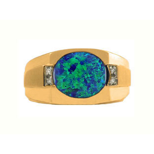 Yellow Gold Men's Diamond Australian Opal Ring