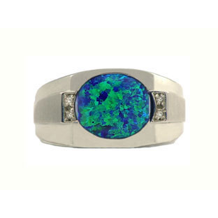 White Gold Men's Diamond Australian Opal Ring