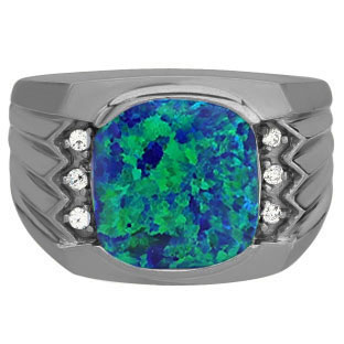 Large Men's Cushion Cut Australian Opal Diamond Black Rhodium White Gold Ring