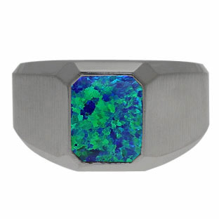 Emerald-Cut Australian Opal Gemstone Custom Ring For Men In Black Rhodium White