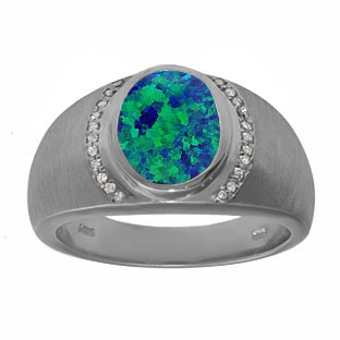 Men's Oval-Cut Australian Opal Diamond Ring In Black Rhodium Plated White Gold
