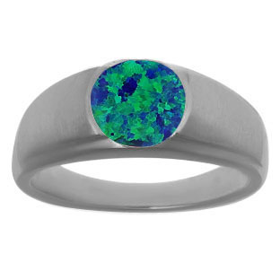 Men's Birthstone Rings - Round Australian Opal Ring In Black Rhodium White Gold