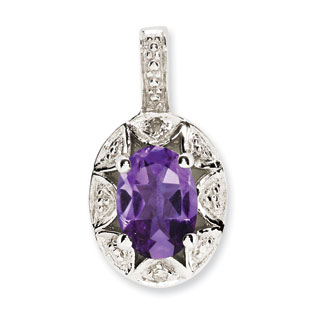 Sterling Silver Oval February Birthstone Amethyst Diamond Pendant