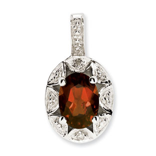 Sterling Silver Oval January Birthstone Garnet Diamond Pendant