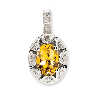 Sterling Silver Oval November Birthstone Citrine Diamond Pendant