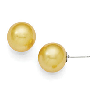 Large 12-13MM Yellow Shell Pearl Stud Earrings In Sterling Silver